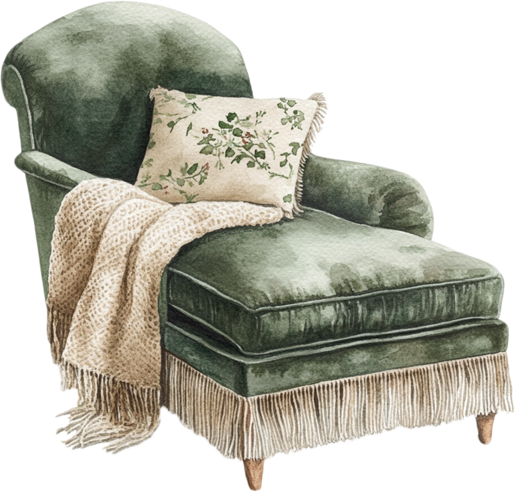 green arm chair with cozy throw and pillow