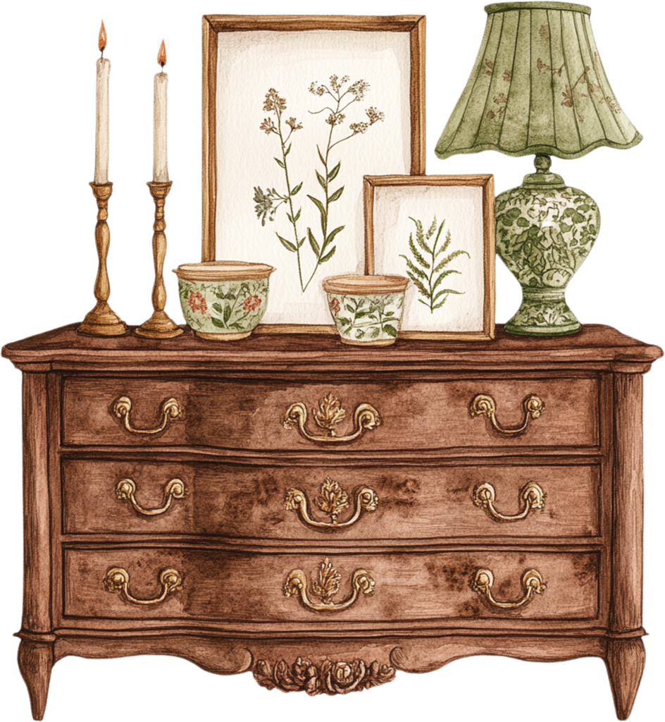 Wooden vintage dresser with decorative artwork, candlesticks and a vintage lamp