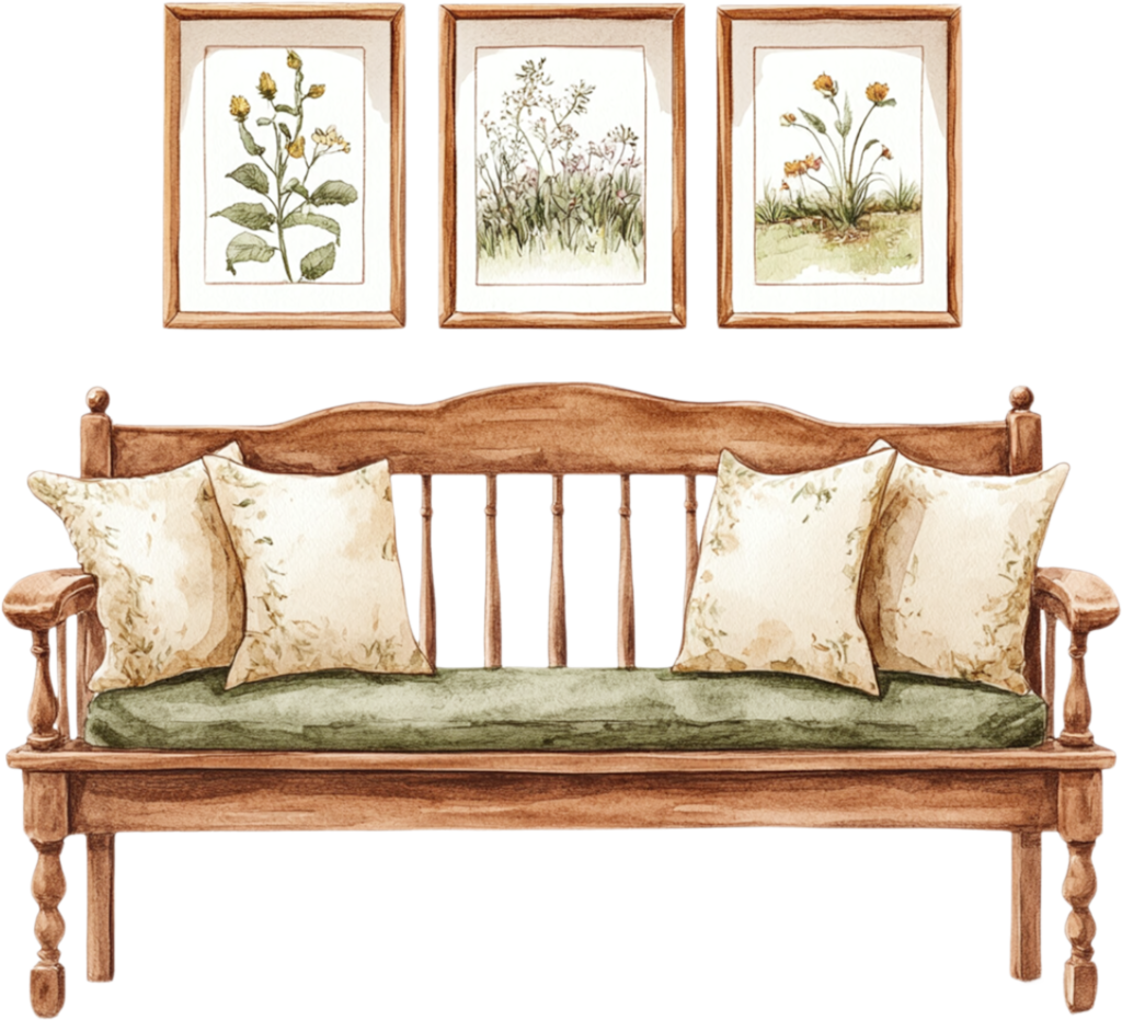 wooden farmhouse bench with green cushion and floral throw pillows. 3 art frames hung on wall above