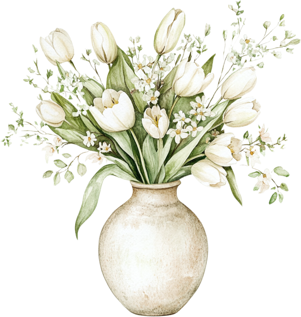 white vase with white tulips