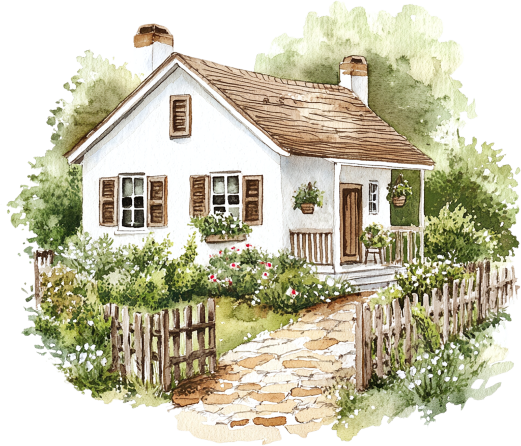 watercolor white cottage style home with surrounding greenery and picket fence