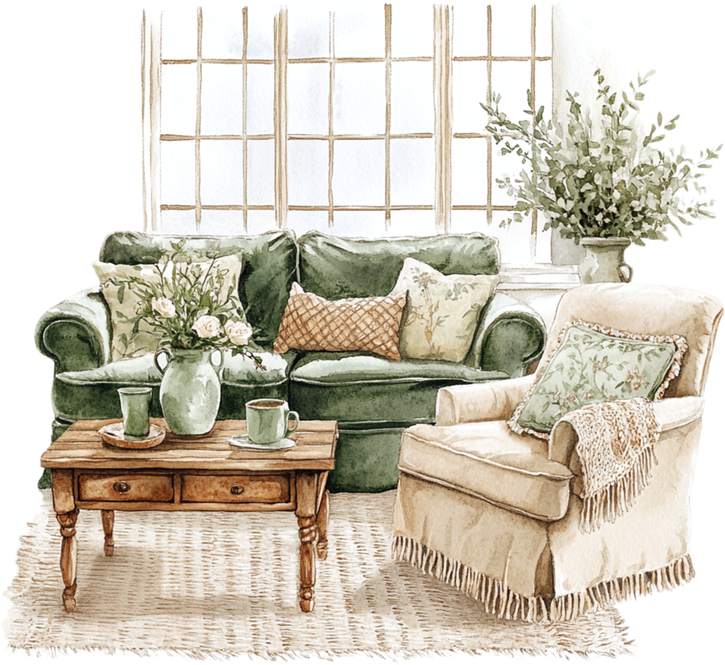 farmhouse living room with green couch, white chair and wooden coffee table